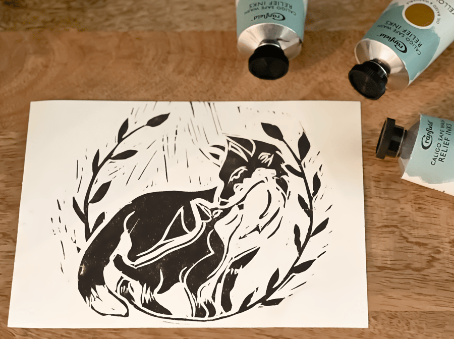 Fox and Cub Handmade Linocut Print