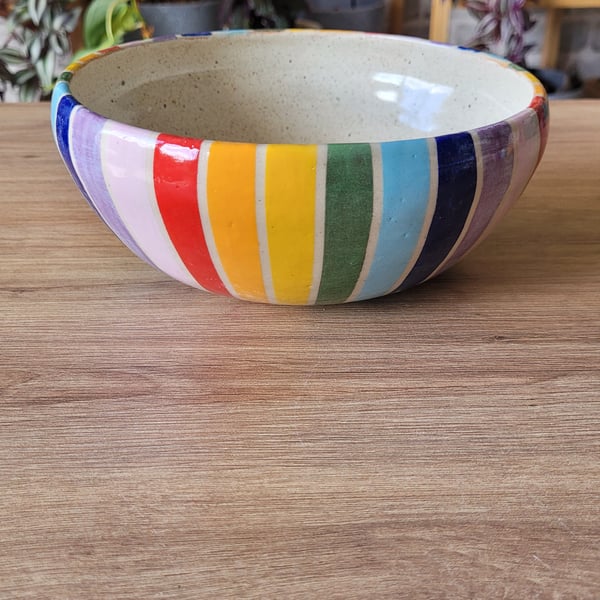 Large rainbow striped speckled cream ceramic bowl handmade pottery