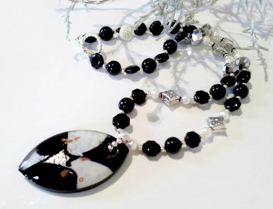Black Vanitian Murano Glass, Agate & Freshwater Pearl Necklace 