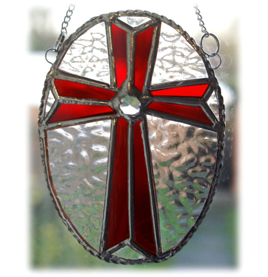Cross Oval Suncatcher Stained Glass Handmade Red
