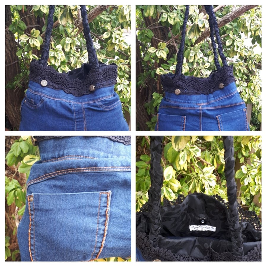 Denim upcycled handbag with black lining. Free uk delivery. 