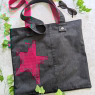 Upcycled Large Tote Bag. XL Holdall with Deep Pink Sequin Star