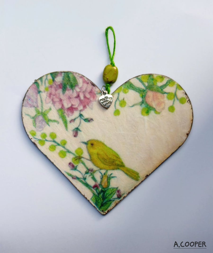 LITTLE GREEN BIRD,  handmade original decopage wooden heart wall hanging 