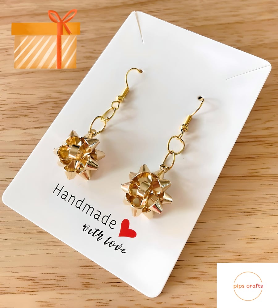 Fun Gold Metallic Christmas Gift Bow Earrings, Jewellery for Pierced Ears
