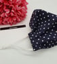 Face mask, small, nose wire,3 layer,  adjustable, washable in navy polkadot   - Image 4