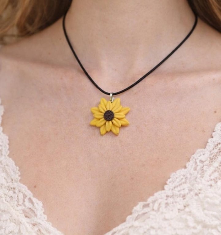 Handmade Polymer Clay Sunflower Pendant Necklace, Boho Artisan Jewelry 40mm
