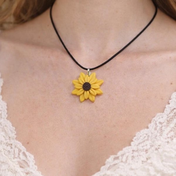 Handmade Polymer Clay Sunflower Pendant Necklace, Boho Artisan Jewelry 40mm
