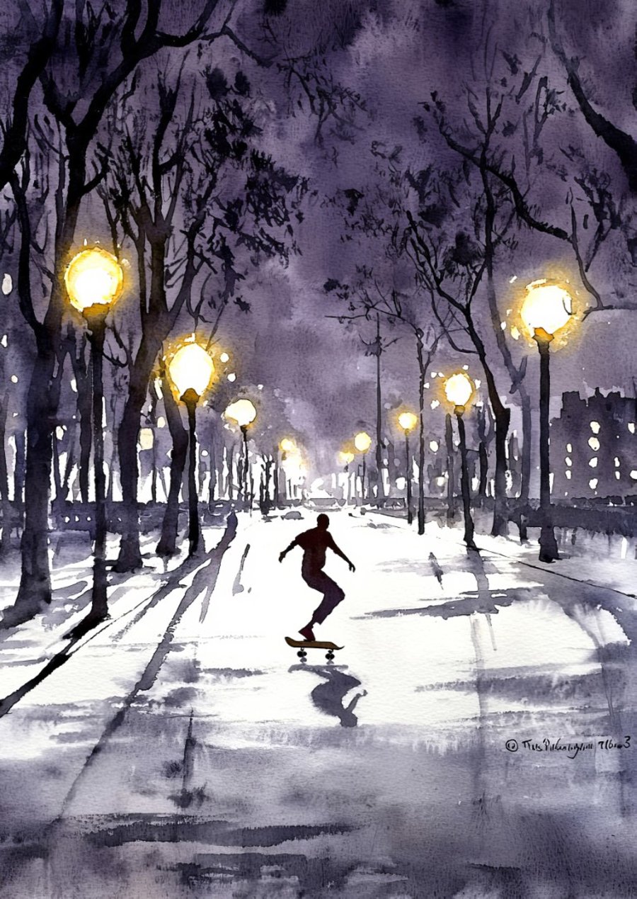 Night Skate, Moody Watercolor of a Skater Under City Lights 5"x7" Matte Print 