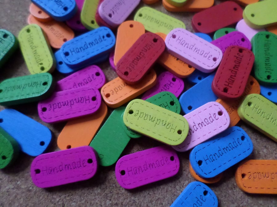 10 x 2-Hole Wooden Button Tags - 24mm - "Handmade" - Mixed Colour 