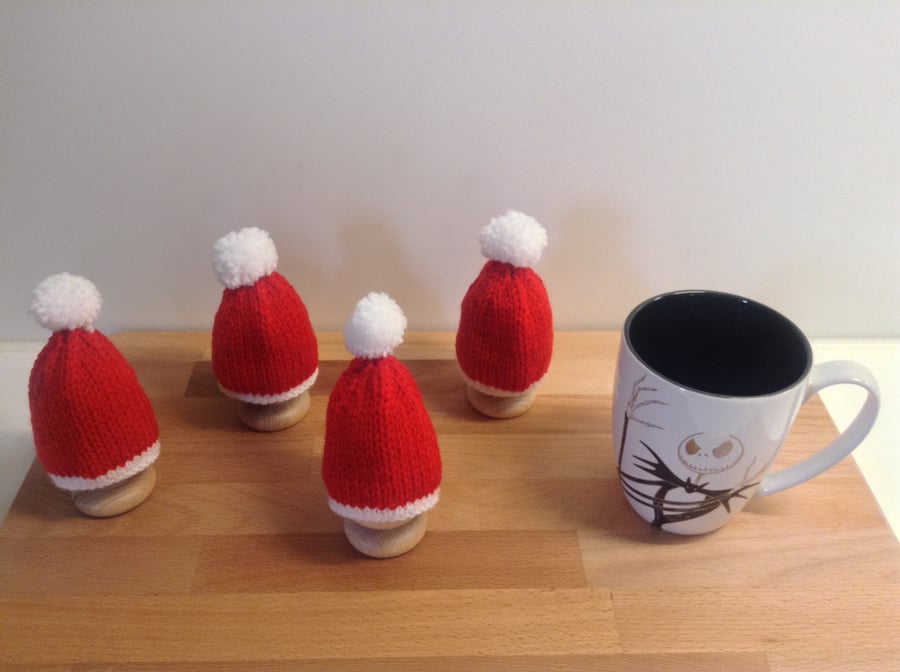 Set of 4 Egg Cosies - Christmas Hat Decorations