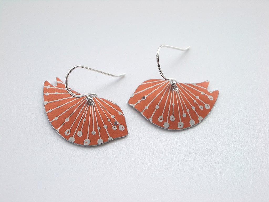 Bird earrings with seed print in orange and silver