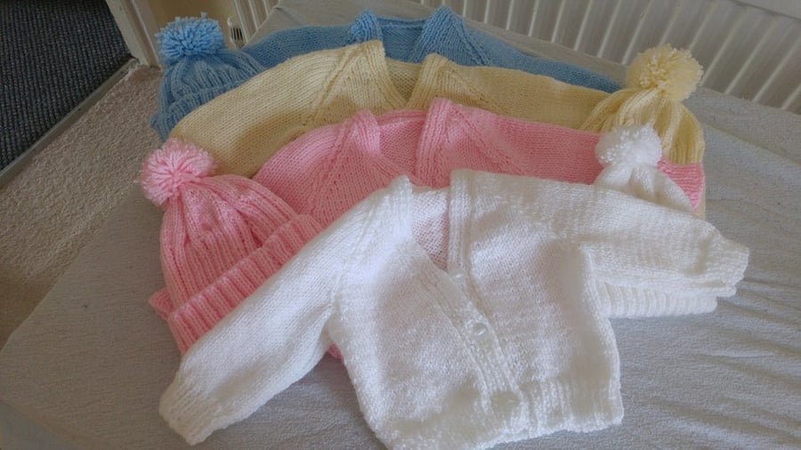 baby cardigans and bobble hat sets -age 0-3 months