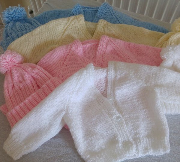 baby cardigans and bobble hat sets -age 0-3 months