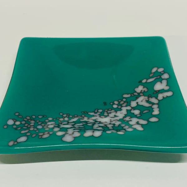 A Beautiful Teal Green and White Fused Glass Decorative Bowl