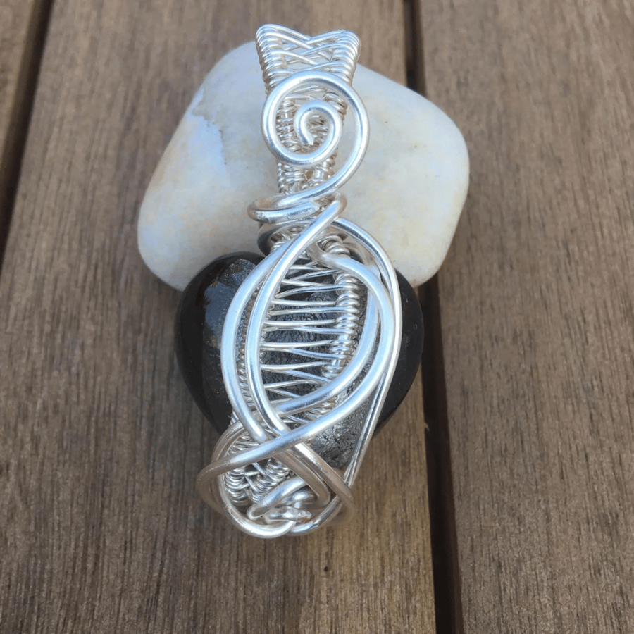 Handcrafted Grey Glass Heart Necklace with Silver Wire Wrap