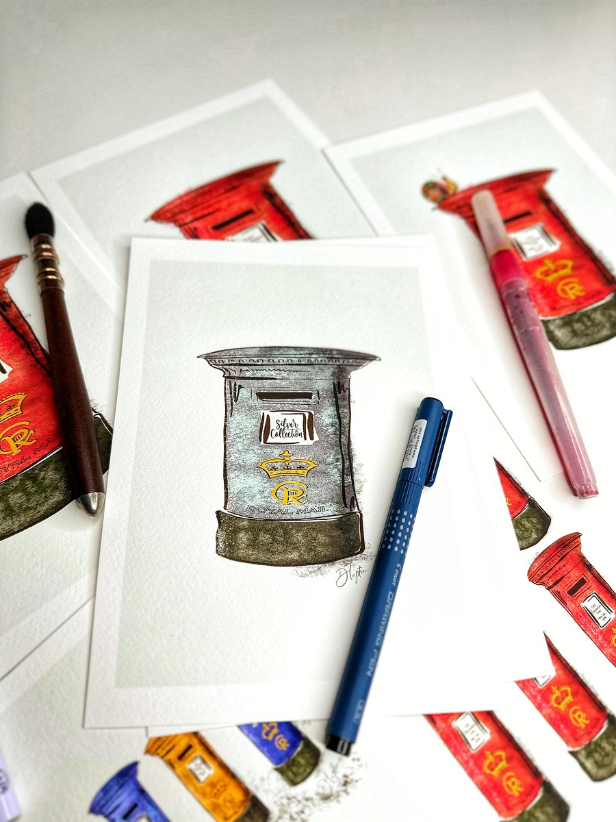 Hand Finished Watercolour A5 or A4 Art Print - Royal Mail Box Silver Collection