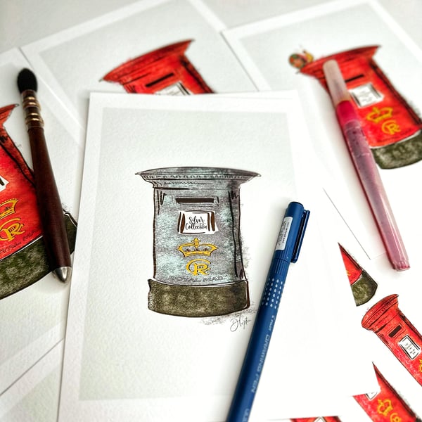 Hand Finished Watercolour A5 or A4 Art Print - Royal Mail Box Silver Collection