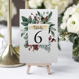 Christmas wreath pine frame TABLE NUMBERS, green leaves, rustic wedding A6 card
