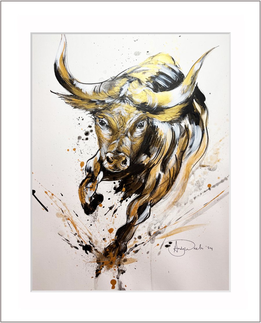 Original acrylic painting of a charging bull