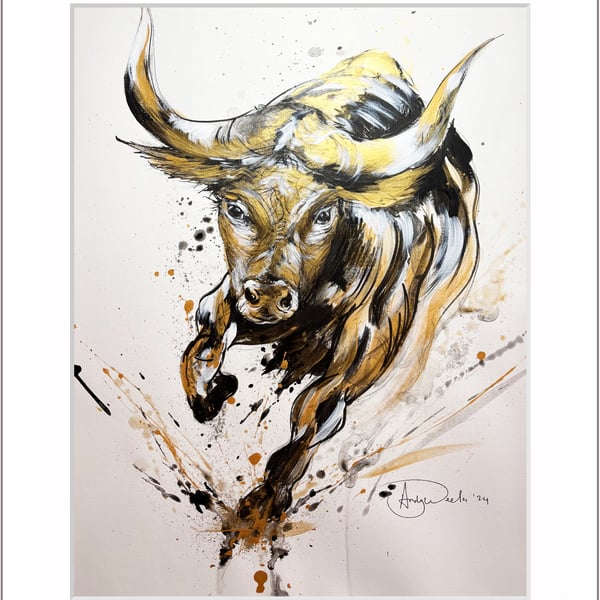 Original acrylic painting of a charging bull