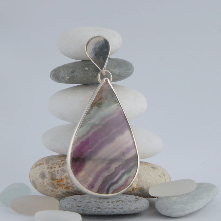 Sterling silver and purple green banded rainbow fluorite drop pendant