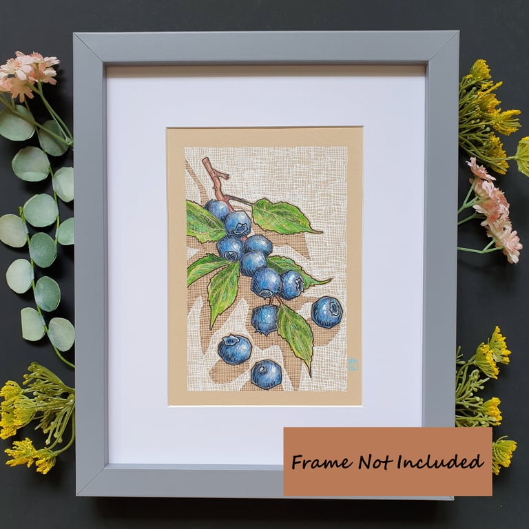 Blueberries kitchen art, fruit wall art, small original drawing
