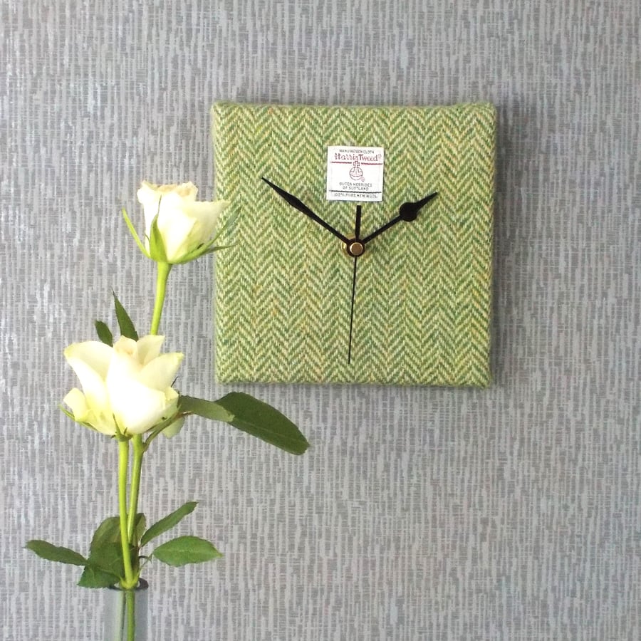Harris Tweed small square clock green herringbone