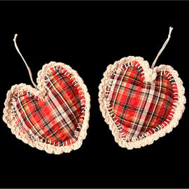 Set of 2 Stuffed Red Plaid Hanging  Hearts with Crochet Scallop Edging