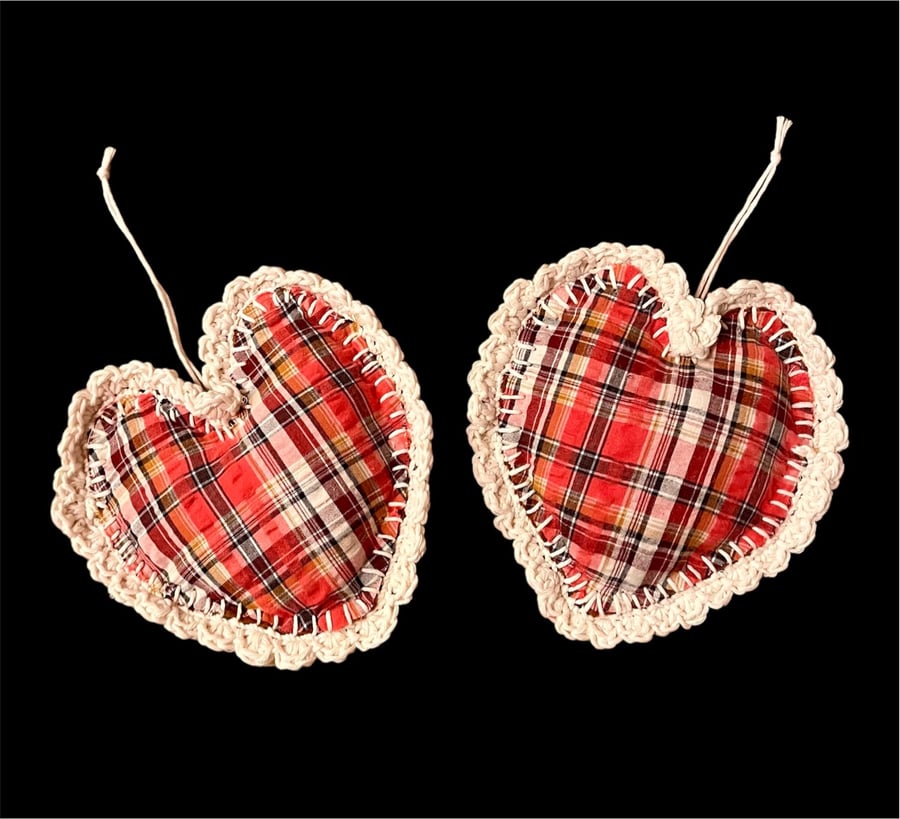 Set of 2 Stuffed Red Plaid Hanging  Hearts with Crochet Scallop Edging