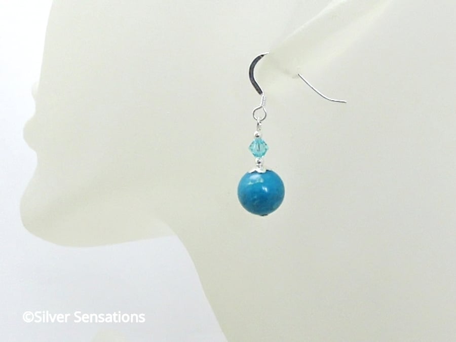 Aqua Blue Sea Sediment Impression Jasper Earrings With Swarovski Crystals