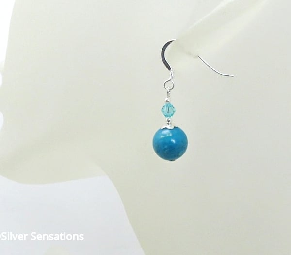 Aqua Blue Sea Sediment Impression Jasper Earrings With Swarovski Crystals