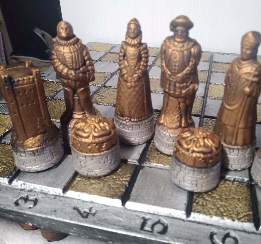 Chess Set, Scottish and English figures, hand made and coloured to order.