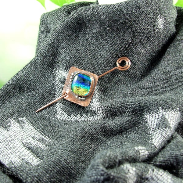 Artisan Shawl Pin Brooch. Copper with Handmade Dichroic Glass Cabachon