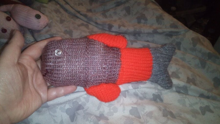 Grey, Red And Dark Salmon Midi MerFish with Cream Pearly Eyes Knitted By KM