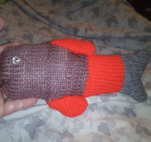 Grey, Red And Dark Salmon Midi MerFish with Cream Pearly Eyes Knitted By KM