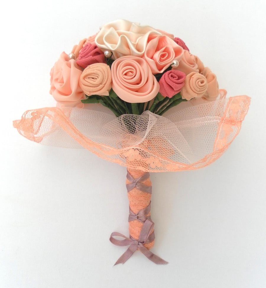  Wedding, Peach Bouquet, Bride, Bridesmaid, Wedding Flowers, Handmade Roses