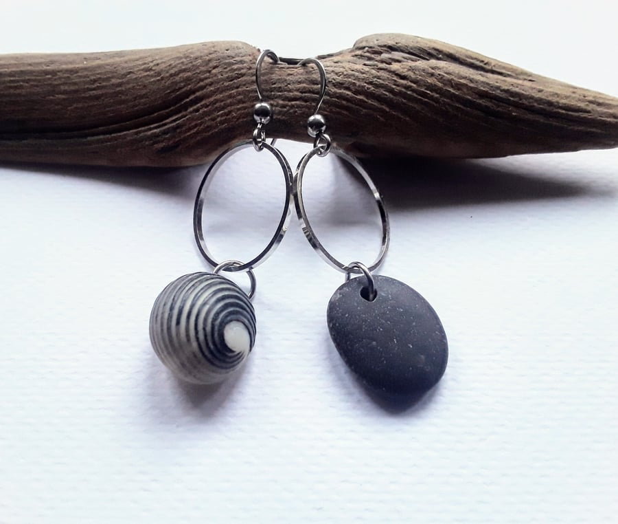 Asymmetrical Rare Shell & Black Pebble Earrings 