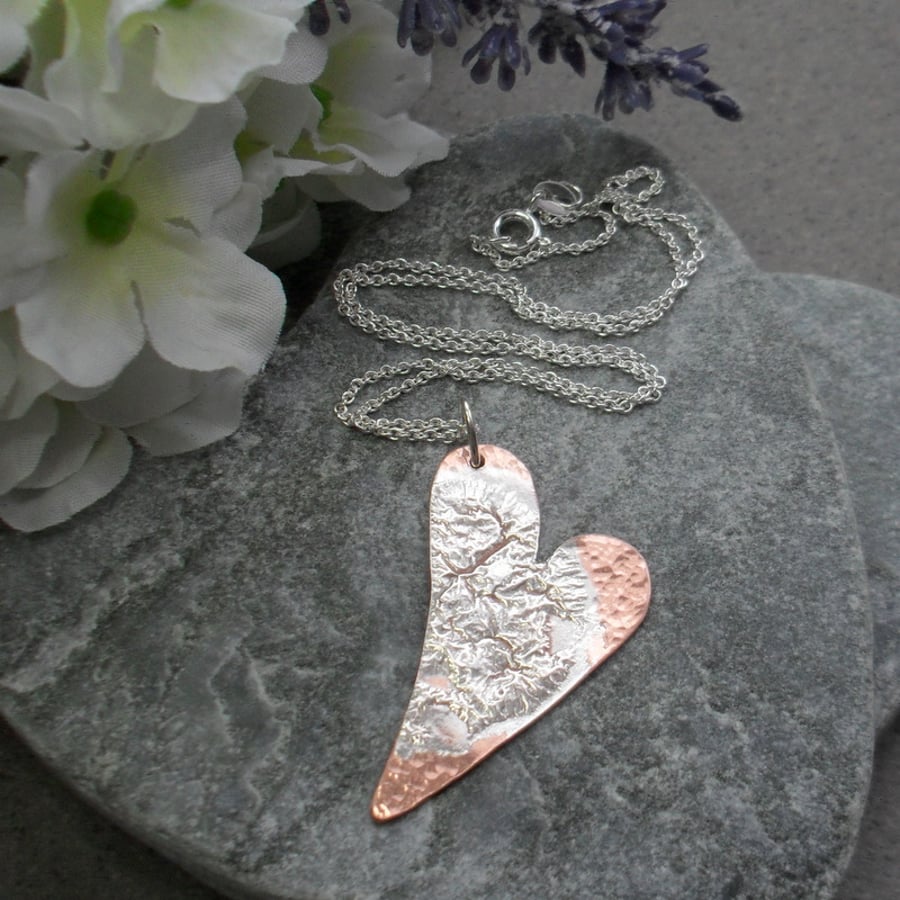 Copper and Silver Heart Pendant With Sterling Silver Chain