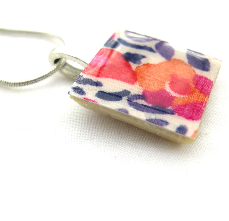 Unusual Gift Silver Plated Ceramic Tile Necklace Liberty of London Resin Pendant