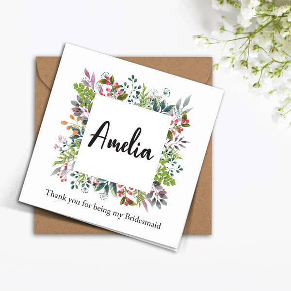 PERSONALISED wild flowers greenery frame Bridesmaid wedding invitation card