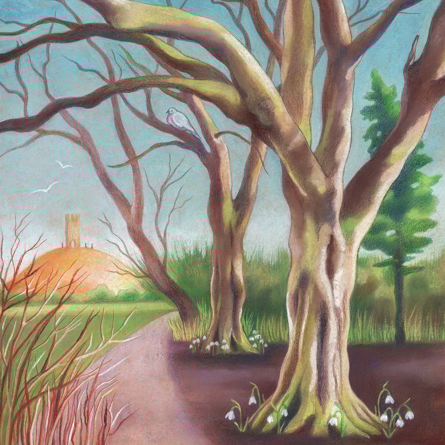 Winter Trees art card - Glastonbury Tor inspired greeting card 