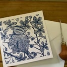 Spring Blue Tit lino print card, a hand printed linocut greeting card