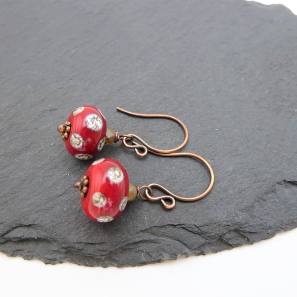 red lampwork glass earring, copper jewellery