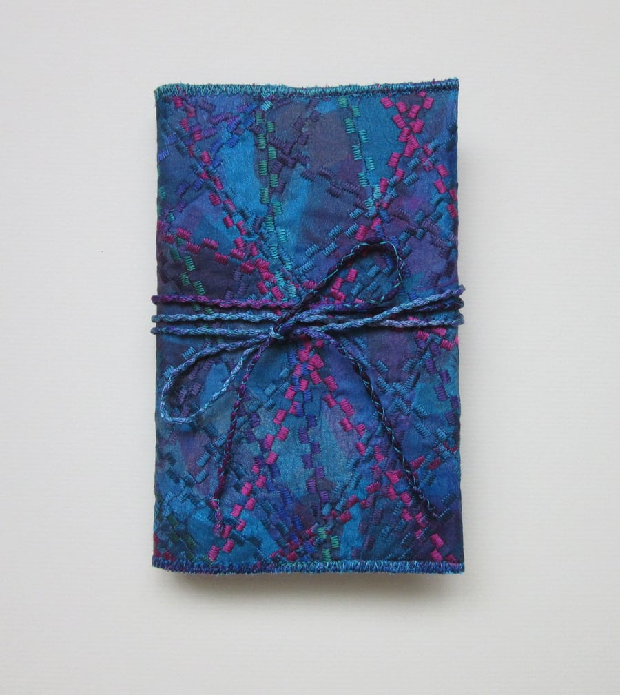 TURQUOISE EMBROIDERED NOTEBOOK COVER.  Machine embroidered cover and A6 notebook