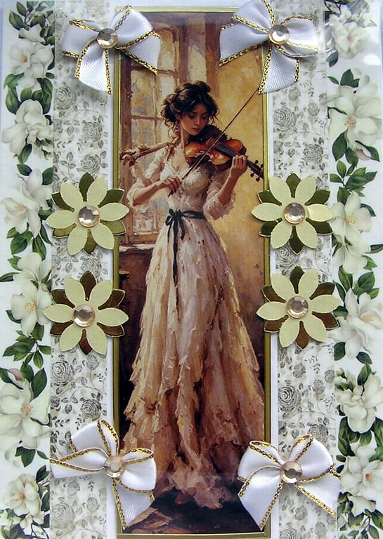 Violin Playing Girl - Hand Crafted Decoupage Greeting Card - Blank 3419