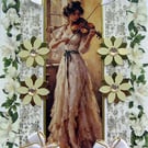 Violin Playing Girl - Hand Crafted Decoupage Greeting Card - Blank 3419