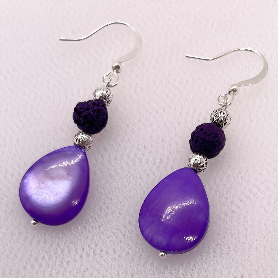 Puff Purple Teardrop Mother of Pearl and Lava Bead Earrings 