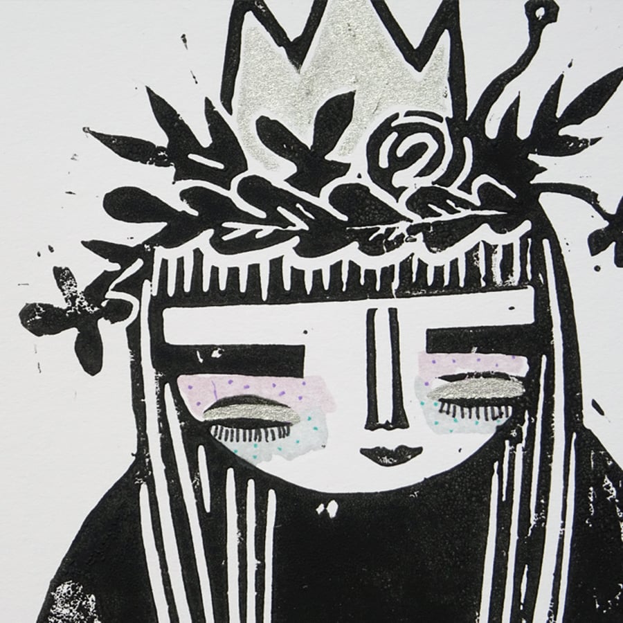 'Floral Queen'- Lino Cut with hand embelishment 