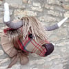 Faux taxidermy red and brown tweed check Highland Cow Coo animal head wall mount
