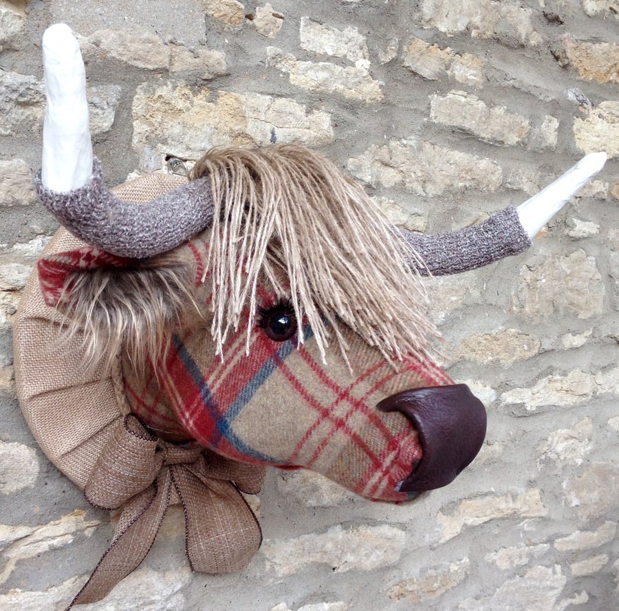 Faux taxidermy red and brown tweed check Highland Cow Coo animal head wall mount